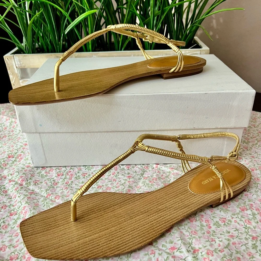 VERONICA BEARD Amelia Gold Ridged Wood Thong Sandal Size 12 - Picture 5 of 10